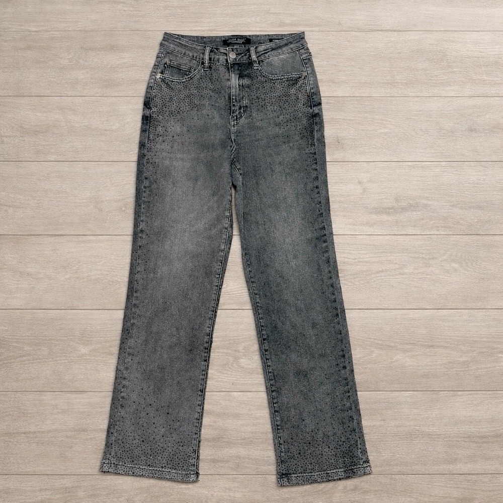 Judy Blue Gray Rhinestone Straight Leg Jeans Womens 7/28 Stretch Denim
